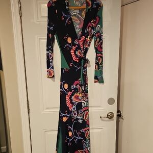 Elegant Black and Green Floral Wrap Dress